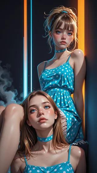 Two young egirls with blue eyes and freckles wearing blue polka dot neon sundresses, posed with sultry expressions against a background of complementary orange and blue neon lights with backlighting.