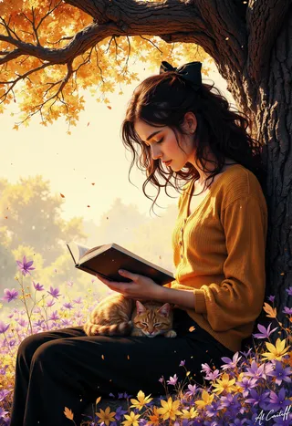 A woman with wavy brown hair tied with a black bow, wearing a mustard yellow sweater and black pants, sits under a large tree with golden autumn leaves, reading a book while a small orange cat sleeps on her lap surrounded by purple and yellow flowers.