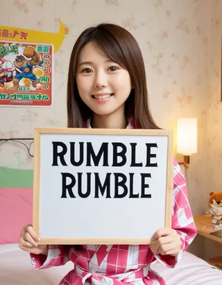 Portrait of a Japanese girl smiling warmly in her room, holding a wooden-framed sign board with the word 'RUMBLE RUMBLE' in bold black letters.