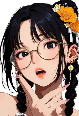 Portrait of a black-haired girl with twin braids adorned with yellow and orange flowers, wearing round gold glasses and pink nail art, looking at the viewer with open mouth.
