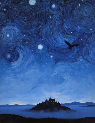 A dark silhouette of a castle sits on a fog-covered plain under a swirling starry night sky in deep blue hues with a silhouetted bird flying across.