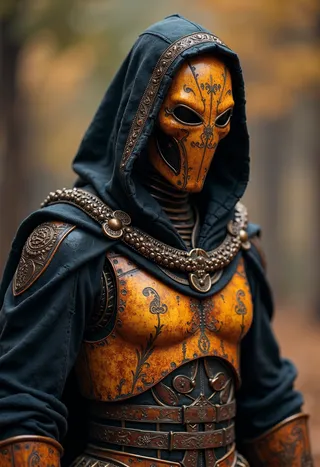 A warrior robot wearing an ornate rust-colored visor helmet and armor with intricate engravings, draped in a black hooded cape.