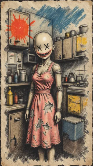 A haunting colored crayon sketch of a faceless mannequin with stitched X-eyes and a creepy stitched smile, standing in a rustic kitchen wearing a tattered pink dress, drawn with thick chaotic lineart and rough textures.