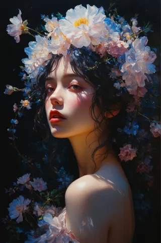 A stunning anime girl with dark curly hair adorned with large white and pink flowers, illuminated by cinematic chiaroscuro lighting, painted with thick acrylic and rococo influences.