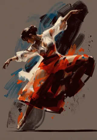 Digital InkSketch style illustration of a graceful dancer mid-motion, wearing a white blouse and flowing orange skirt, surrounded by blue and orange paint splashes on a dark abstract background.