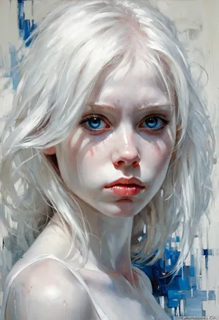 Hyper realistic detailed portrait of a sad albino girl with striking blue eyes and white hair, painted in blue and white oil impressionism style on a neutral white background.