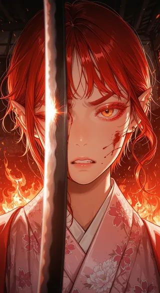 Close-up of a red-haired girl with orange eyes and blood on her face holding a katana in front of her, wearing a pink floral yukata, with a fiery destroyed village in the background.