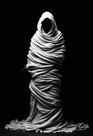A haunting horror art piece showing a figure wrapped in white spiral cloth, revealing an invisible body against deep black darkness.