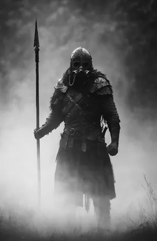 Black and white photograph of a medieval warrior standing in a foggy misty atmosphere, wearing armor and a gas mask, holding a long spear.