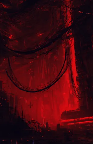 Dark sci-fi concept art with red and black color scheme, featuring futuristic cables, wires, and abstract shapes under dim lighting creating a mysterious atmosphere.