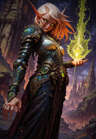 High fantasy elf with long pale hair and glowing green eyes wearing elaborately detailed mecha armor, casting a vibrant green magical energy in a dramatic fantasy cityscape.