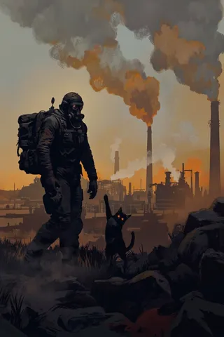 A dystopian scene featuring a man in a gas mask and a backpack walking beside a black cat with glowing orange eyes amid a smoky, polluted industrial landscape with tall smokestacks emitting thick smoke.