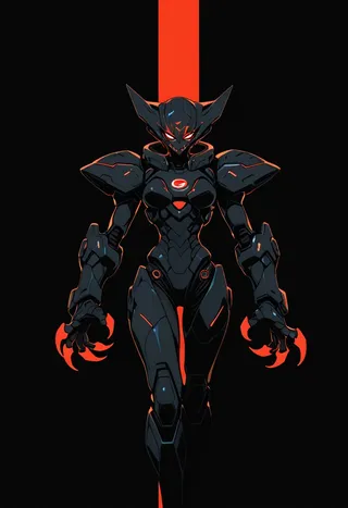A fierce female warrior clad in bulky black power armor with neon orange claws and glowing red eyes standing against a dark space background with an inverted vertical red stripe.
