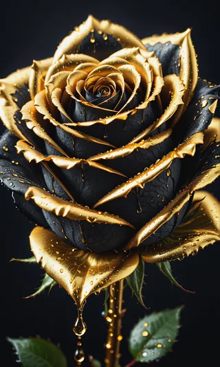 Macro close-up of a perfect black rose with edges and petals dripping with golden water drops and liquid gold, showing hyperrealistic intricate details and high contrast.