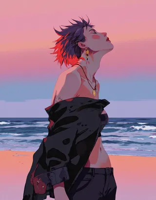 Digital illustration of a woman with short, spiky dark purple hair with red highlights, standing on a beach at sunset, wearing a black off-shoulder jacket and gold jewelry, eyes closed, facing sideways with a peaceful expression