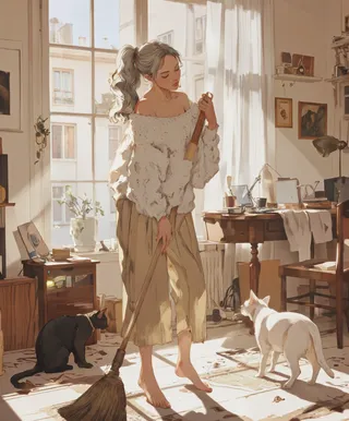 Digital illustration of a young woman with silver hair sweeping the floor barefoot in a cozy sunlit living room, accompanied by a black and a white cat.