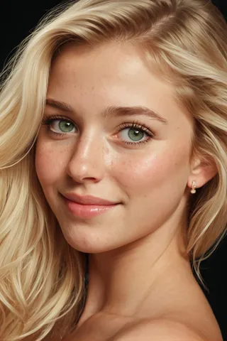 Close-up portrait of a blonde girl with green eyes, smiling gently, showing realistic skin texture and freckles, with a soft natural look.