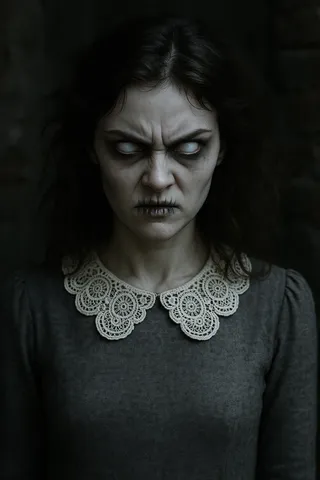 Angry ghostly young woman with pale skin, white pupil-less eyes, black stitched lips, messy dark wavy hair, wearing a gray dress with white vintage lace collar, set against a dim, decayed brick wall background.