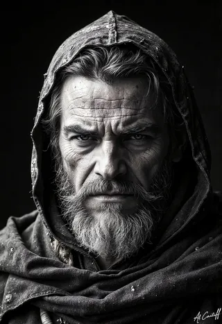 Black-and-white portrait of an elderly man with a weathered face, thick gray beard, and piercing eyes, wearing a textured hooded cloak against a black background.