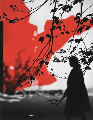 Black and white silhouette of a person walking, with bare branches and leaves in the foreground, contrasted against a blurred red and white background.