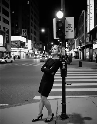 Black and white photo of a woman with short blonde hair in a black dress leaning against a parking meter on a city street at night.