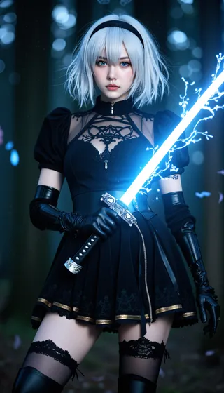A silver-haired woman with short hair and pale skin stands in a dark forest holding a glowing blue katana emitting electric light, dressed in a black gothic combat dress with lace and gold trim.