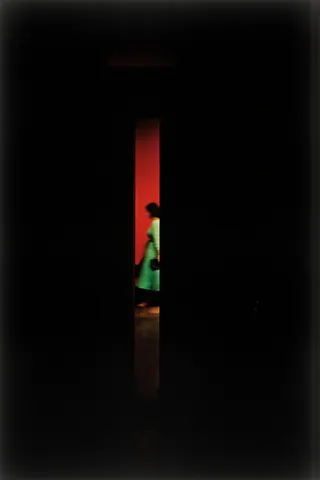 Abstract photograph in Saul Leiter style showing a woman in a bright green dress partially visible through a narrow vertical gap against a deep red background, framed by large dark planes.