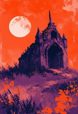 A crumbling black stone chapel with a broken spire stands crookedly on a scorched crimson moor under a pale, cracked moon, surrounded by violet grass and orange foliage.