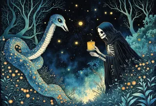A skeletal Death figure cloaked in black hooded robe holds a lit candle facing a large blue-green serpent with glowing golden eyes amidst a magical forest filled with bioluminescent plants under a starry twilight sky.