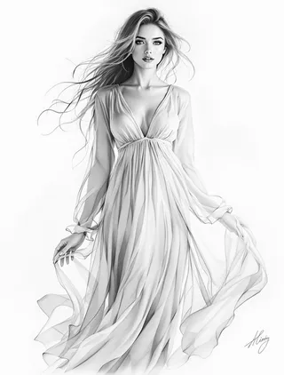 Woman wearing a flowing chiffon maxi dress with v-neckline and long sheer sleeves, her hair gently blowing as she gazes with beautiful eyes.