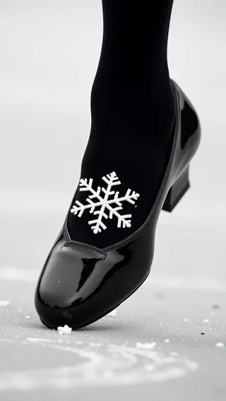 A perfectly formed white snowflake resting on the glossy surface of a black dance shoe, highlighting elegance and winter grace.