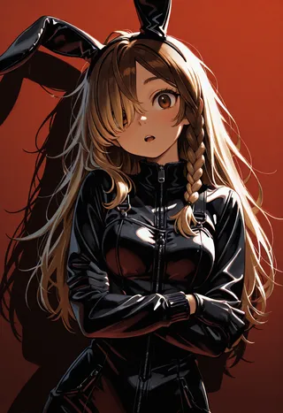 Anime girl with bunny ears wearing a shiny black zippered outfit and gloves, with braided blonde hair and brown eyes, standing against a red background with a playful expression.