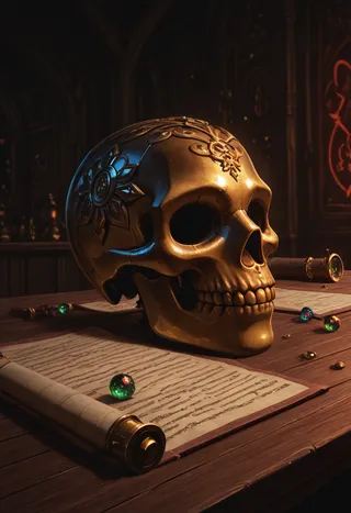 Closeup of an ornate golden skull resting on a wooden table with ancient scrolls and colorful glowing magic gems in a dimly lit alchemist room.