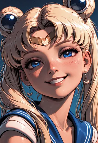 Close-up portrait of Sailor Moon, Tsukino Usagi, smiling with bright blue eyes and detailed blonde hair under volumetric lighting.