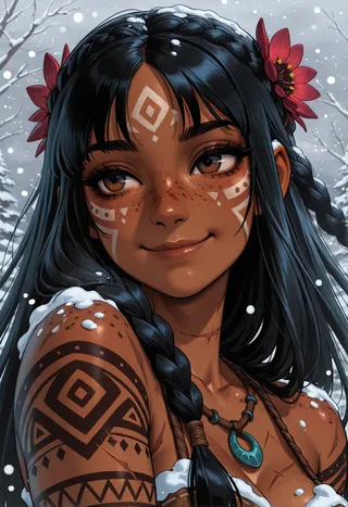 Portrait of a dark-skinned tribal woman with black braided hair, white face paint patterns, freckles, tribal arm tattoos, adorned with red flowers and covered in snow.