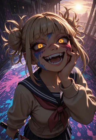 Close-up of anime girl Toga Himiko with crazy eyes, yellow glowing pupils, blood and colorful paint splattered on her face, smiling with open mouth showing sharp teeth, holding a bloody knife, dressed in a school uniform, illuminated by sunset light in a grungy corridor.