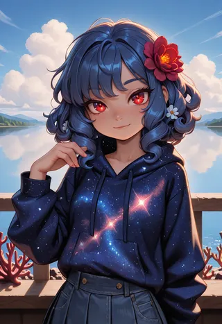 Primo piano di una ragazza con capelli ricci voluminosi blu denim adornati da un fiore di corallo, occhi rosso rubino, che indossa una felpa con stampa stellata e una gonna a pieghe vicino a una città lacustre sotto un cielo nuvoloso.
