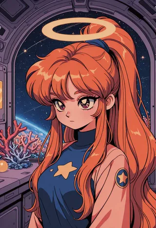 Retro Anime-Stil weiblicher Charakter mit langen kastanienroten Haaren und korallenfarbenen Spitzen, trägt ein sternenbesticktes Kostüm, steht in einer Raumstation mit einem Heiligenschein über dem Kopf und Sternen, die durch das Fenster sichtbar sind.