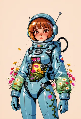 Cute female astronaut with expressive eyes and freckles wearing a detailed vintage blue space suit adorned with colorful flowers blooming through transparent sections and a floral helmet rim.