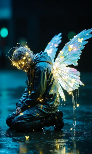 A luminous human-shaped figure kneeling on wet pavement at night, adorned with a glowing LED wire mask and large radiant fiber-optic wings emitting soft colorful lights.