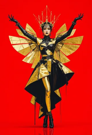Poised woman in avant-garde gown combining gold leaf and lacquered obsidian, wearing a molten metallic crown with black lipstick, set against matte crimson background.