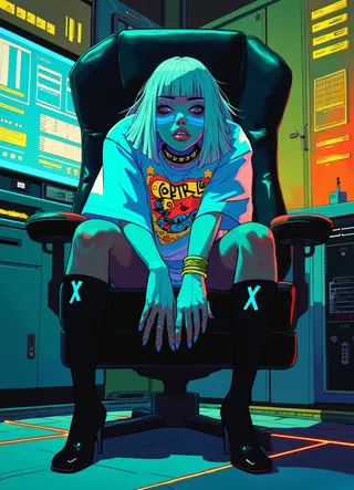 Stylized cyberpunk digital painting of a Japanese female android with glowing blue skin and silver hair, wearing an oversized plastic t-shirt and black stockings, sitting in a futuristic neon-lit server room chair.