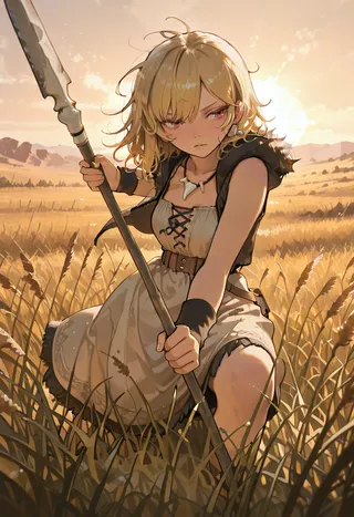 A prehistoric girl with blonde messy hair and red eyes crouches in a hunting stance holding a wooden spear in a tall grassland under harsh desert sunlight.