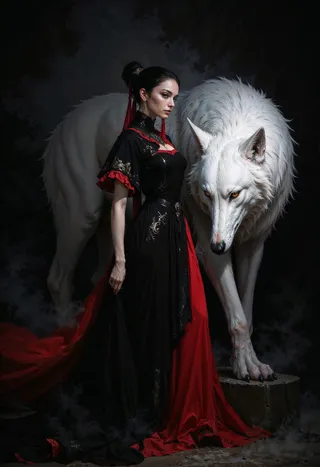 A mystical fantasy digital painting of a regal woman in a black dress with red accents standing beside a large white wolf with piercing eyes, set against a dark shadowy background.