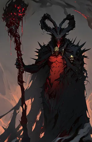 A dark muscular demon with glowing red eyes, large twisted horns, and red skin, wearing a tattered spiked black cloak with gold accents, holding a blood-stained staff topped by a dripping skull, set against a smoky dark gray and orange background.