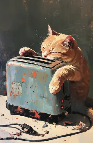 Emotional oil painting of a sad cat with closed eyes resting its paw on a worn-out, rusty old toaster with a broken electrical cord on a muted background.