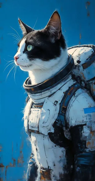 Black and white cat wearing a white space suit looking to the side against a blue background with a painterly style.