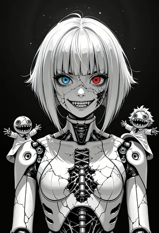 Black and white illustration of a robot girl with short white hair and heterochromia, one blue eye and one red eye, showing an evil grin with fangs and cracks on her face and body, accompanied by two creepy puppet dolls on her shoulders.