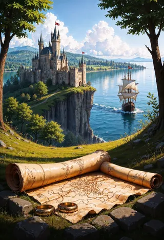 A vivid fantasy landscape featuring a detailed medieval castle perched on a cliffside, a pirate ship sailing on a serene body of water, and an old parchment map with golden rings in the foreground.