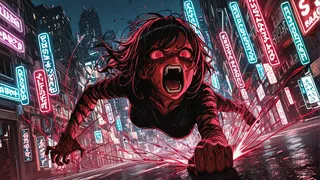 A furious girl with intense rage on her face, yelling with fists pounding the wet street, surrounded by vibrant neon signs in a city at night.